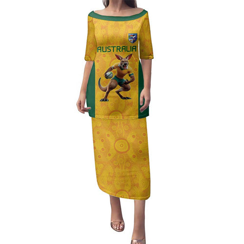 Australia Rugby Custom Family Matching Puletasi and Hawaiian Shirt Glory Be To Wallabies Aboriginal Motif - Aussie Hoodie