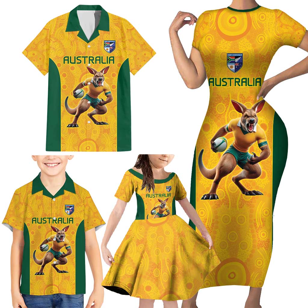 Australia Rugby Custom Family Matching Short Sleeve Bodycon Dress and Hawaiian Shirt Glory Be To Wallabies Aboriginal Motif - Aussie Hoodie