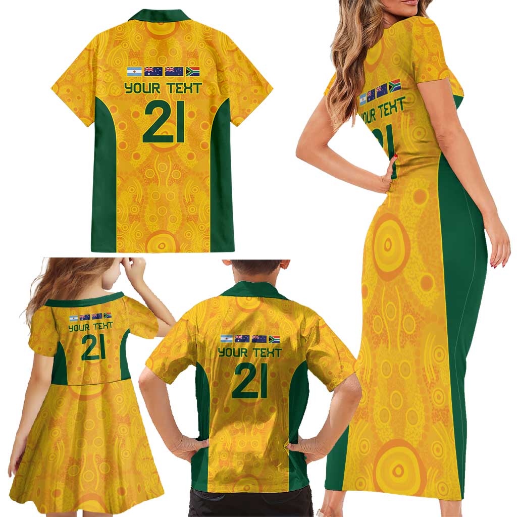 Australia Rugby Custom Family Matching Short Sleeve Bodycon Dress and Hawaiian Shirt Glory Be To Wallabies Aboriginal Motif - Aussie Hoodie