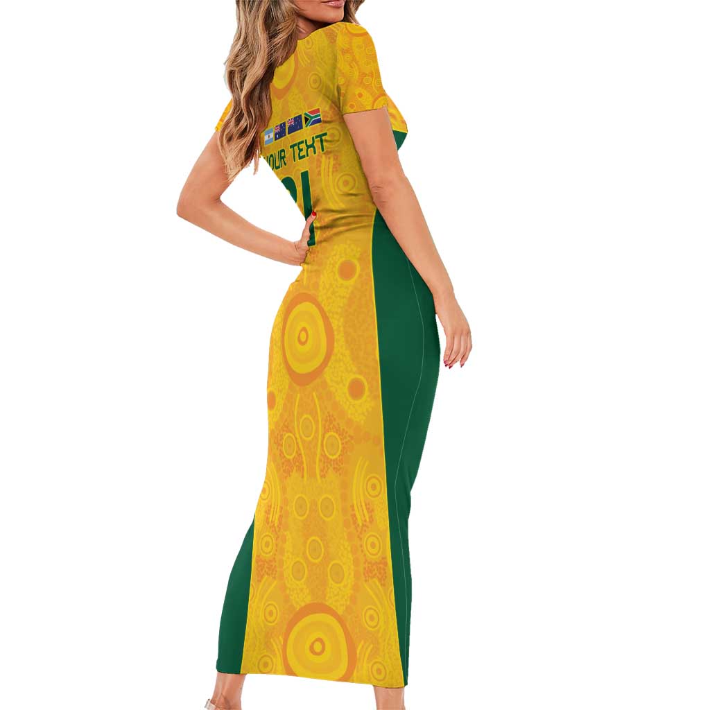 Australia Rugby Custom Family Matching Short Sleeve Bodycon Dress and Hawaiian Shirt Glory Be To Wallabies Aboriginal Motif - Aussie Hoodie