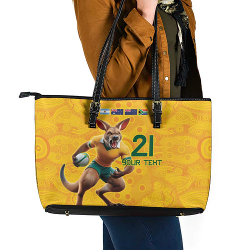 Australia Rugby Custom Leather Tote Bag Glory Be To Wallabies Aboriginal Motif - Aussie Hoodie