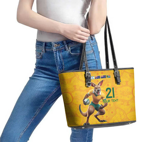 Australia Rugby Custom Leather Tote Bag Glory Be To Wallabies Aboriginal Motif - Aussie Hoodie