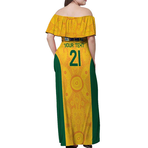 Australia Rugby Custom Off Shoulder Maxi Dress Glory Be To Wallabies Aboriginal Motif - Aussie Hoodie