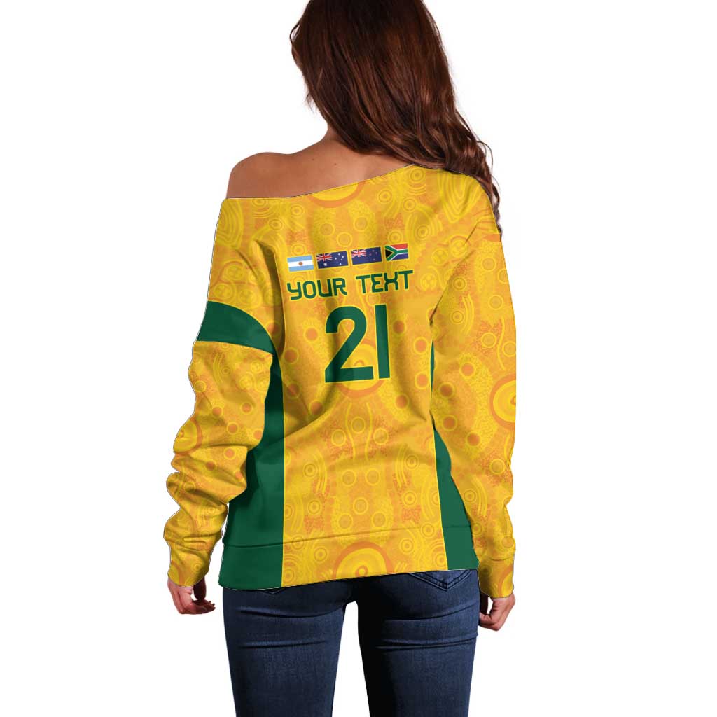 Australia Rugby Custom Off Shoulder Sweater Glory Be To Wallabies Aboriginal Motif - Aussie Hoodie