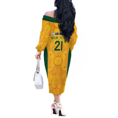 Australia Rugby Custom Off The Shoulder Long Sleeve Dress Glory Be To Wallabies Aboriginal Motif - Aussie Hoodie