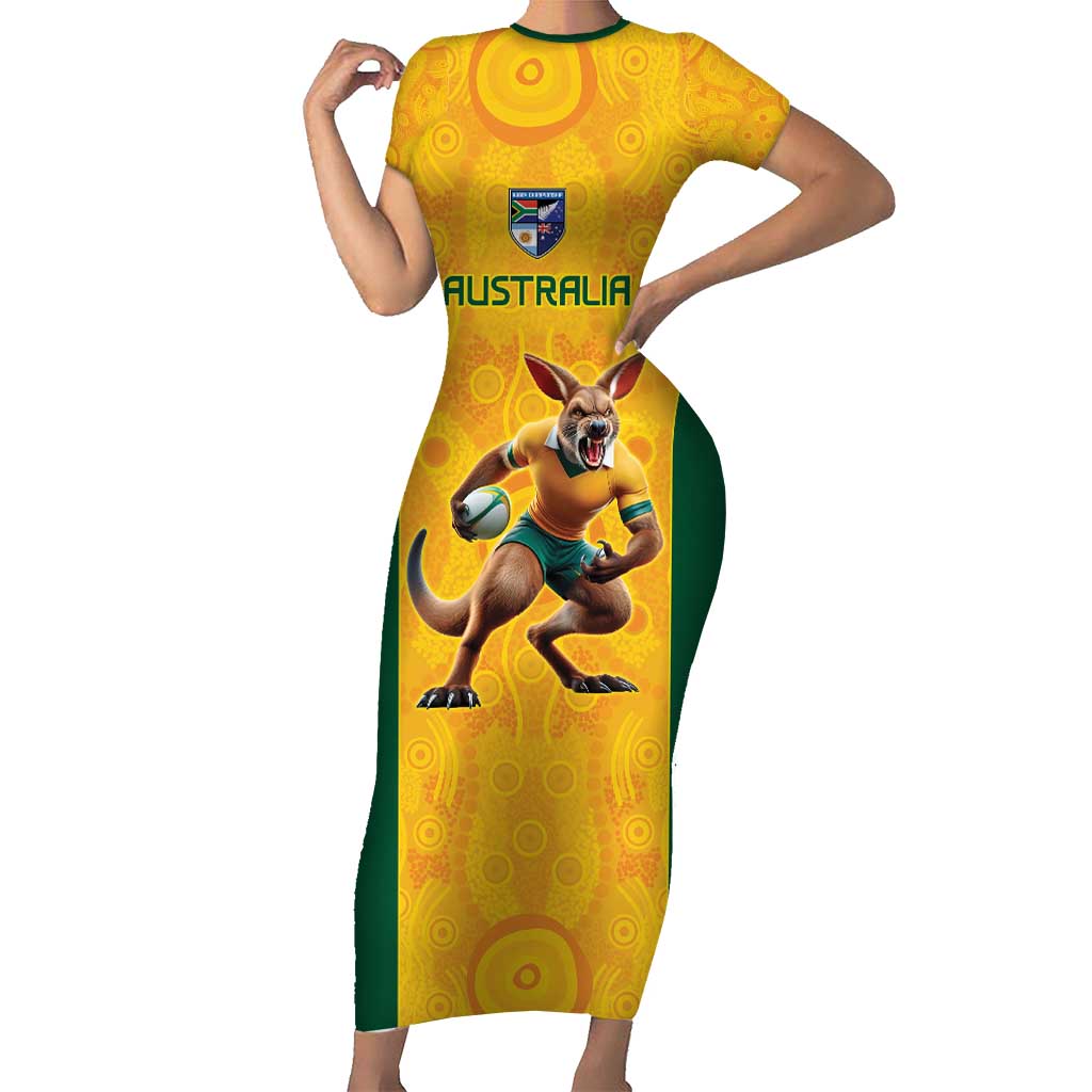 Australia Rugby Custom Short Sleeve Bodycon Dress Glory Be To Wallabies Aboriginal Motif - Aussie Hoodie