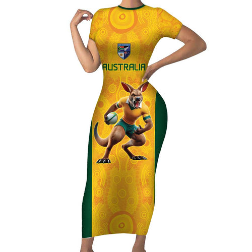 Australia Rugby Custom Short Sleeve Bodycon Dress Glory Be To Wallabies Aboriginal Motif - Aussie Hoodie