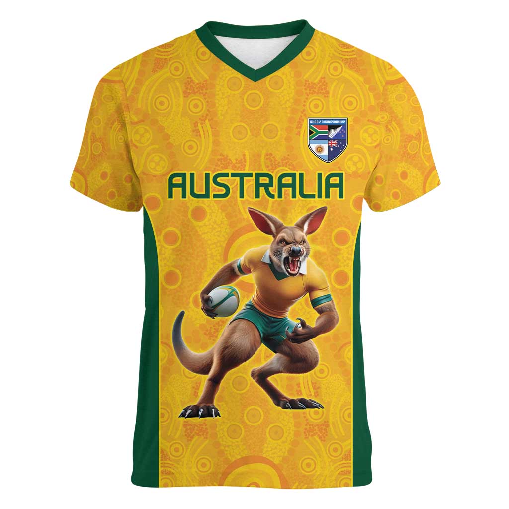 Australia Rugby Custom Women V-Neck T-Shirt Glory Be To Wallabies Aboriginal Motif - Aussie Hoodie