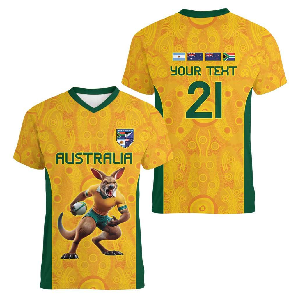 Australia Rugby Custom Women V-Neck T-Shirt Glory Be To Wallabies Aboriginal Motif - Aussie Hoodie