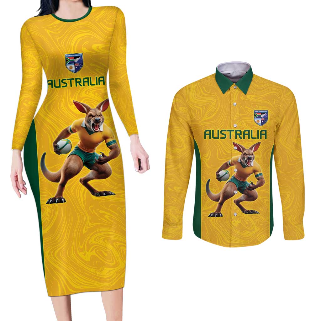 Australia Rugby Custom Couples Matching Long Sleeve Bodycon Dress and Long Sleeve Button Shirt Glory Be To Wallabies Simple Pattern - Aussie Hoodie