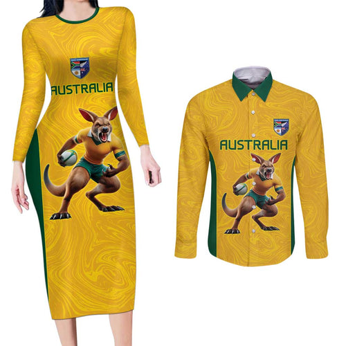 Australia Rugby Custom Couples Matching Long Sleeve Bodycon Dress and Long Sleeve Button Shirt Glory Be To Wallabies Simple Pattern - Aussie Hoodie