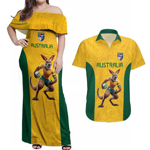 Australia Rugby Custom Couples Matching Off Shoulder Maxi Dress and Hawaiian Shirt Glory Be To Wallabies Simple Pattern - Aussie Hoodie