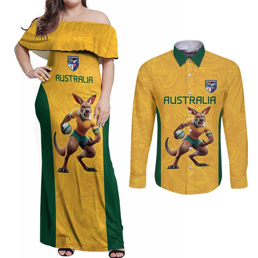 Australia Rugby Custom Couples Matching Off Shoulder Maxi Dress and Long Sleeve Button Shirt Glory Be To Wallabies Simple Pattern - Aussie Hoodie