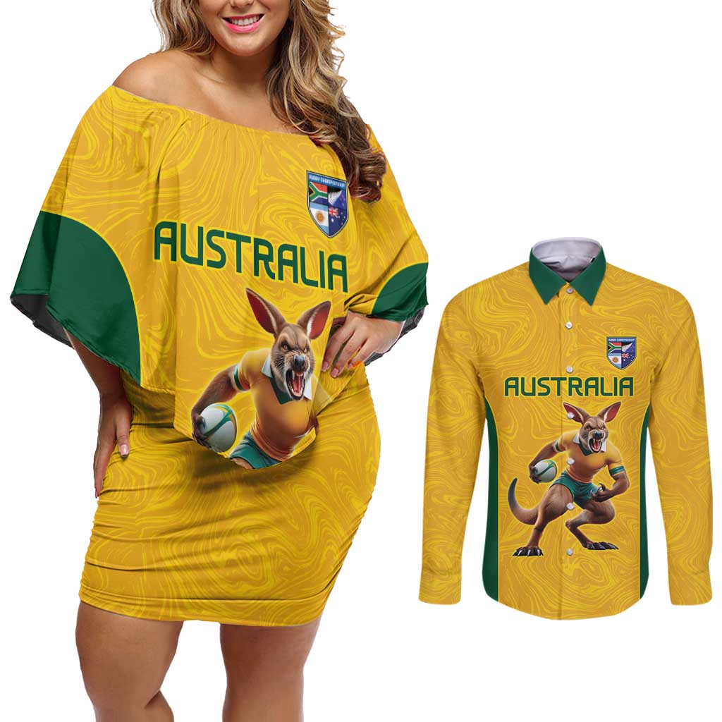 Australia Rugby Custom Couples Matching Off Shoulder Short Dress and Long Sleeve Button Shirt Glory Be To Wallabies Simple Pattern - Aussie Hoodie