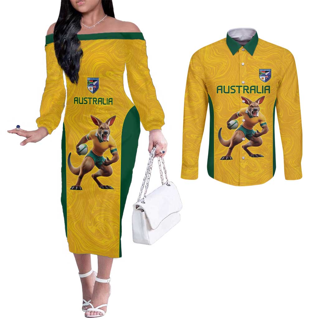 Australia Rugby Custom Couples Matching Off The Shoulder Long Sleeve Dress and Long Sleeve Button Shirt Glory Be To Wallabies Simple Pattern - Aussie Hoodie