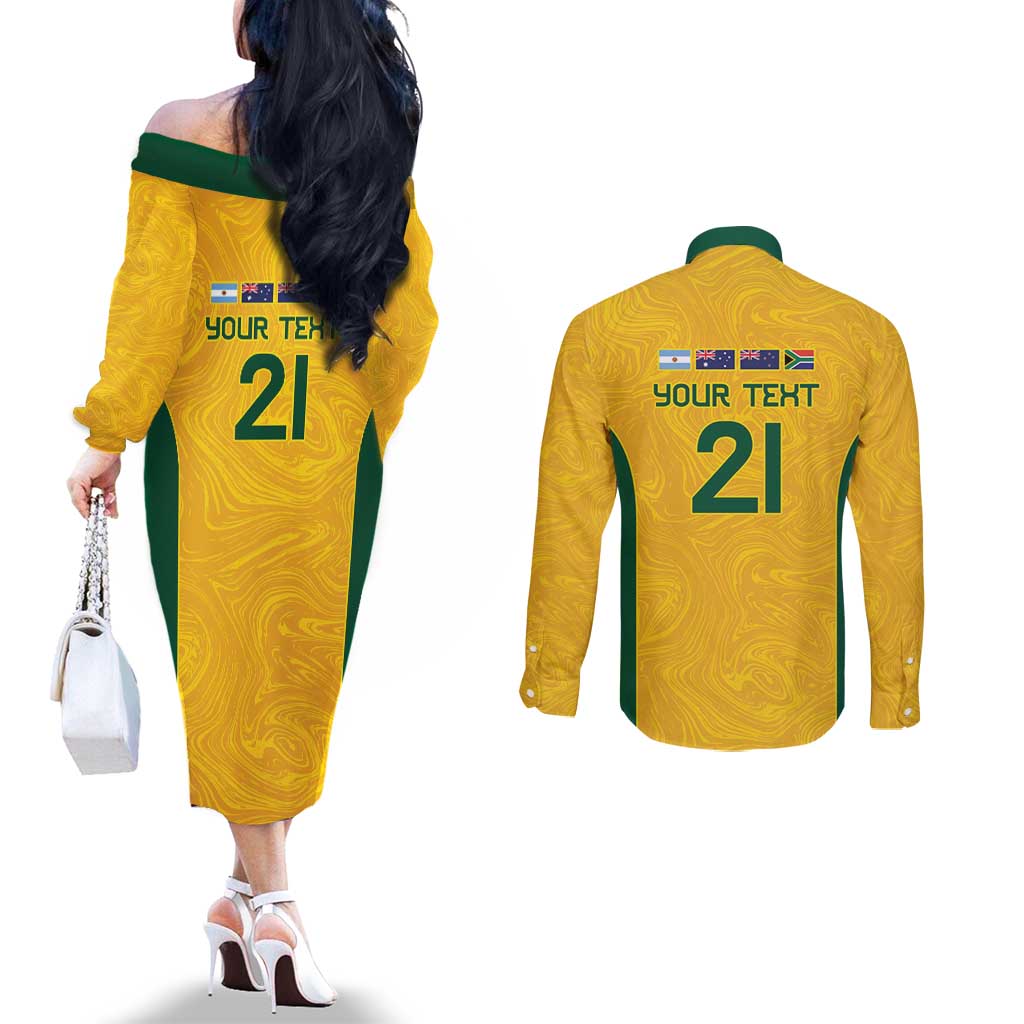 Australia Rugby Custom Couples Matching Off The Shoulder Long Sleeve Dress and Long Sleeve Button Shirt Glory Be To Wallabies Simple Pattern - Aussie Hoodie