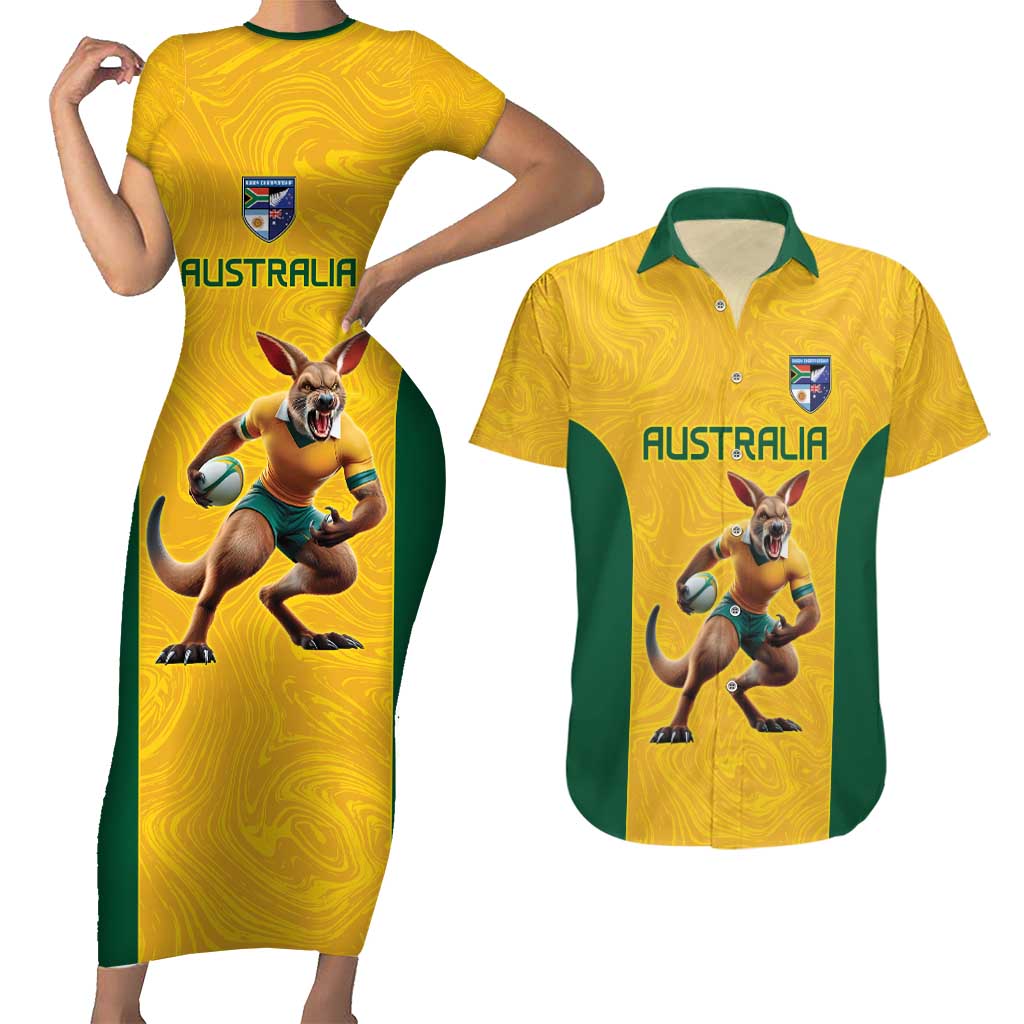 Australia Rugby Custom Couples Matching Short Sleeve Bodycon Dress and Hawaiian Shirt Glory Be To Wallabies Simple Pattern - Aussie Hoodie