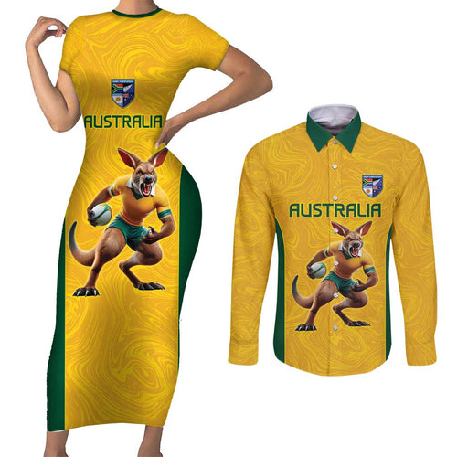 Australia Rugby Custom Couples Matching Short Sleeve Bodycon Dress and Long Sleeve Button Shirt Glory Be To Wallabies Simple Pattern - Aussie Hoodie