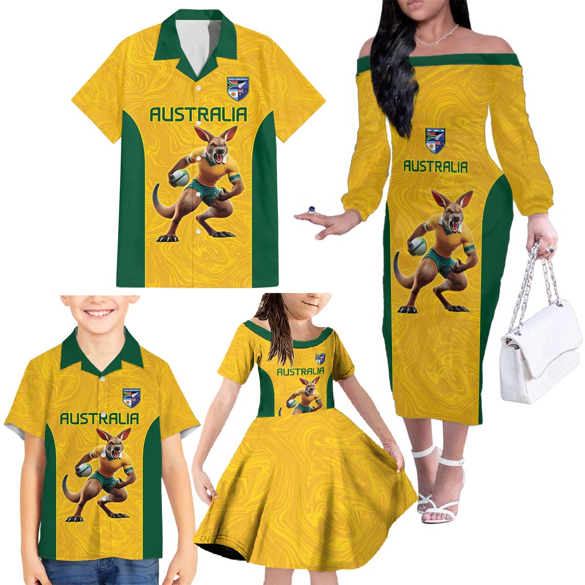 Australia Rugby Custom Family Matching Off The Shoulder Long Sleeve Dress and Hawaiian Shirt Glory Be To Wallabies Simple Pattern - Aussie Hoodie
