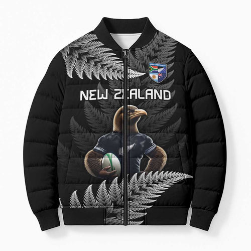 New Zealand Rugby Custom Bomber Puffer Jacket Glory Be To Black Silver-fern - Aussie Hoodie