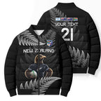 New Zealand Rugby Custom Bomber Puffer Jacket Glory Be To Black Silver-fern - Aussie Hoodie