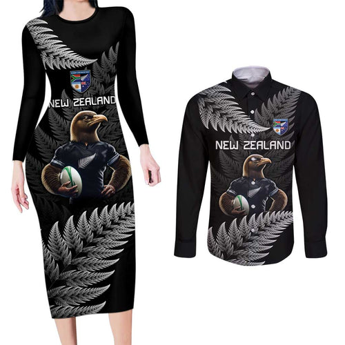 New Zealand Rugby Custom Couples Matching Long Sleeve Bodycon Dress and Long Sleeve Button Shirt Glory Be To Black Silver-fern - Aussie Hoodie