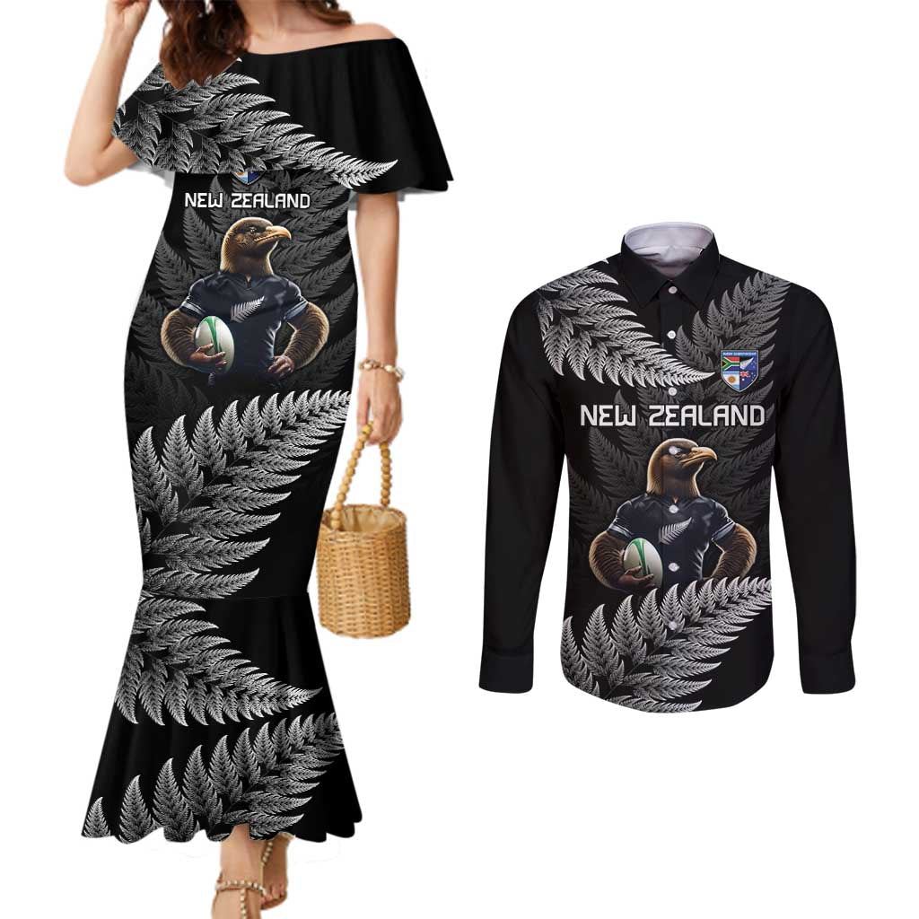 New Zealand Rugby Custom Couples Matching Mermaid Dress and Long Sleeve Button Shirt Glory Be To Black Silver-fern - Aussie Hoodie