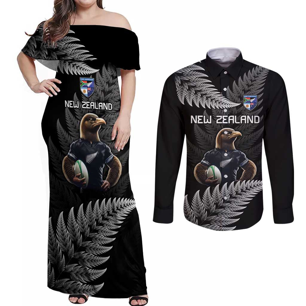 New Zealand Rugby Custom Couples Matching Off Shoulder Maxi Dress and Long Sleeve Button Shirt Glory Be To Black Silver-fern - Aussie Hoodie
