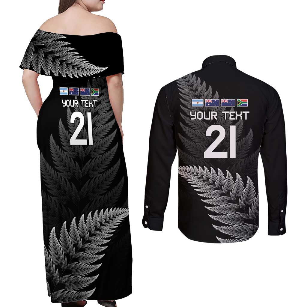 New Zealand Rugby Custom Couples Matching Off Shoulder Maxi Dress and Long Sleeve Button Shirt Glory Be To Black Silver-fern - Aussie Hoodie