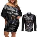 New Zealand Rugby Custom Couples Matching Off Shoulder Short Dress and Long Sleeve Button Shirt Glory Be To Black Silver-fern - Aussie Hoodie