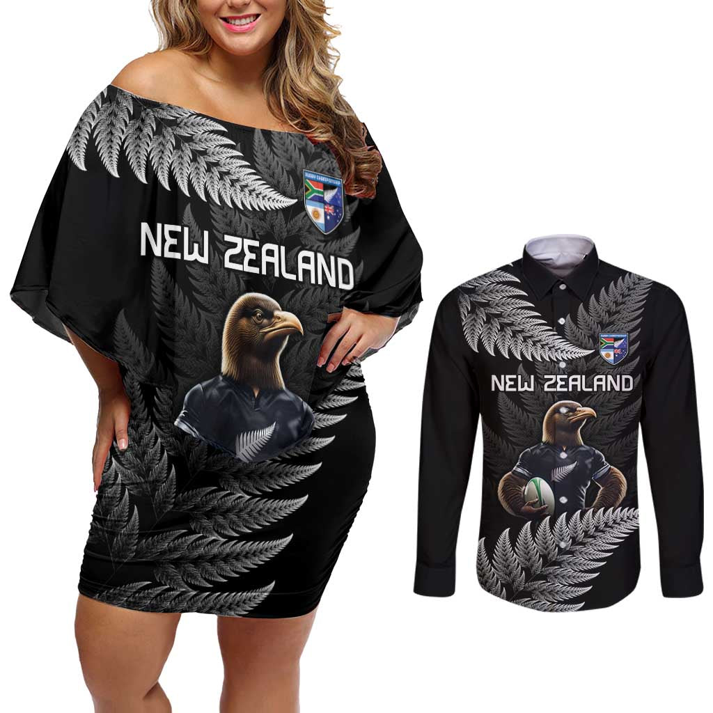 New Zealand Rugby Custom Couples Matching Off Shoulder Short Dress and Long Sleeve Button Shirt Glory Be To Black Silver-fern - Aussie Hoodie
