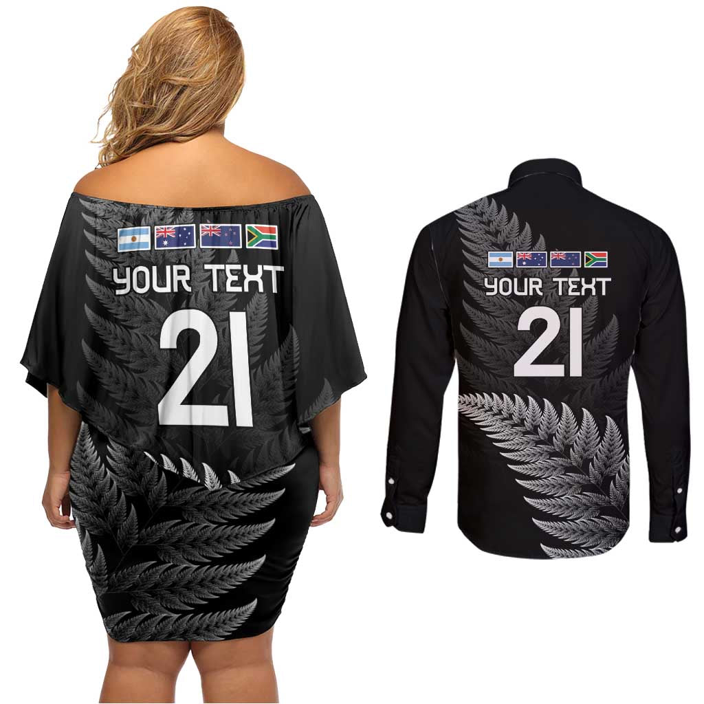 New Zealand Rugby Custom Couples Matching Off Shoulder Short Dress and Long Sleeve Button Shirt Glory Be To Black Silver-fern - Aussie Hoodie