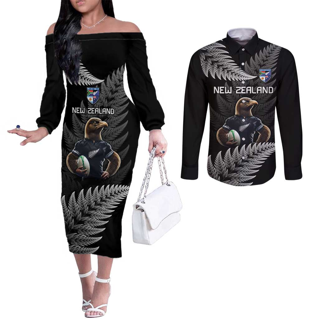 New Zealand Rugby Custom Couples Matching Off The Shoulder Long Sleeve Dress and Long Sleeve Button Shirt Glory Be To Black Silver-fern - Aussie Hoodie