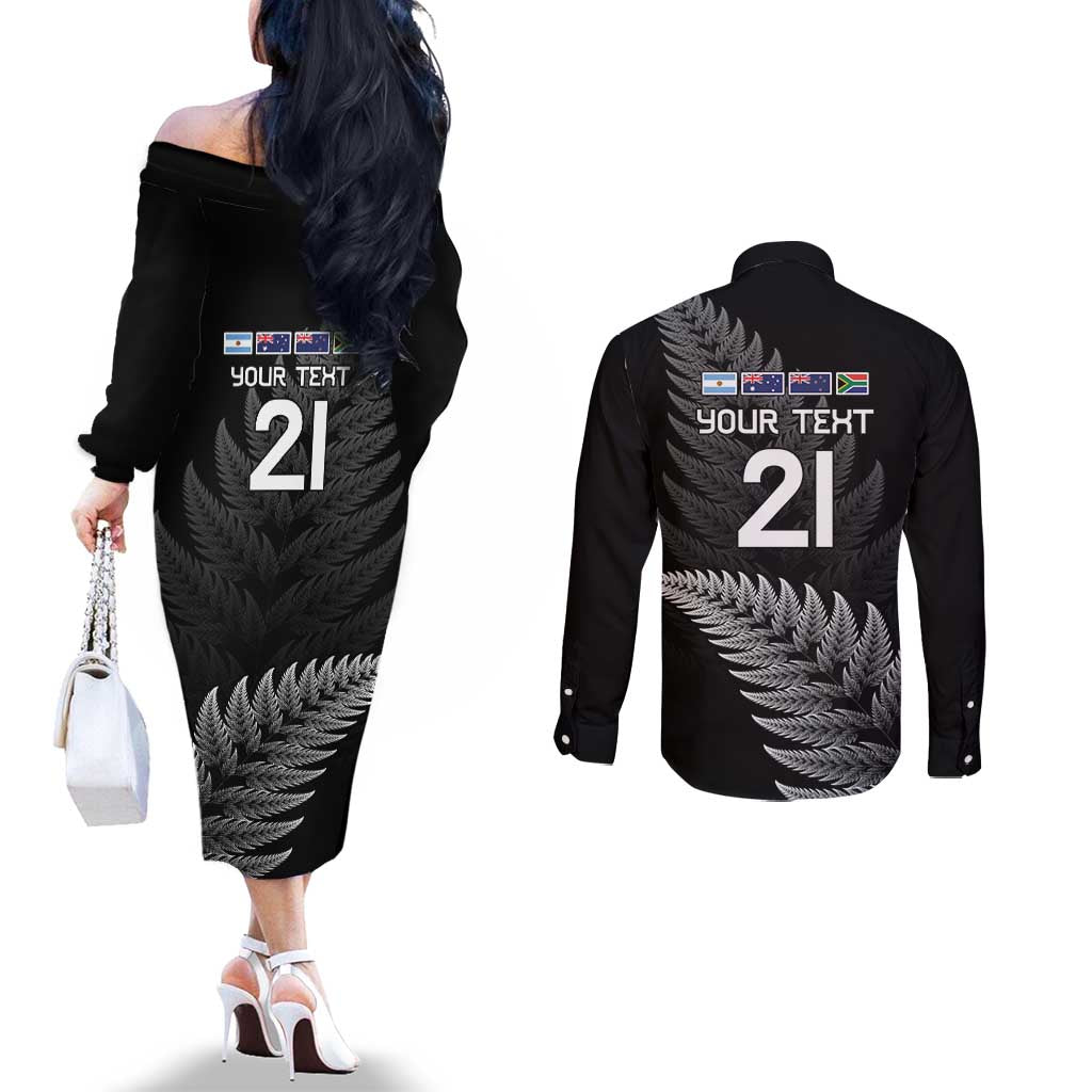 New Zealand Rugby Custom Couples Matching Off The Shoulder Long Sleeve Dress and Long Sleeve Button Shirt Glory Be To Black Silver-fern - Aussie Hoodie