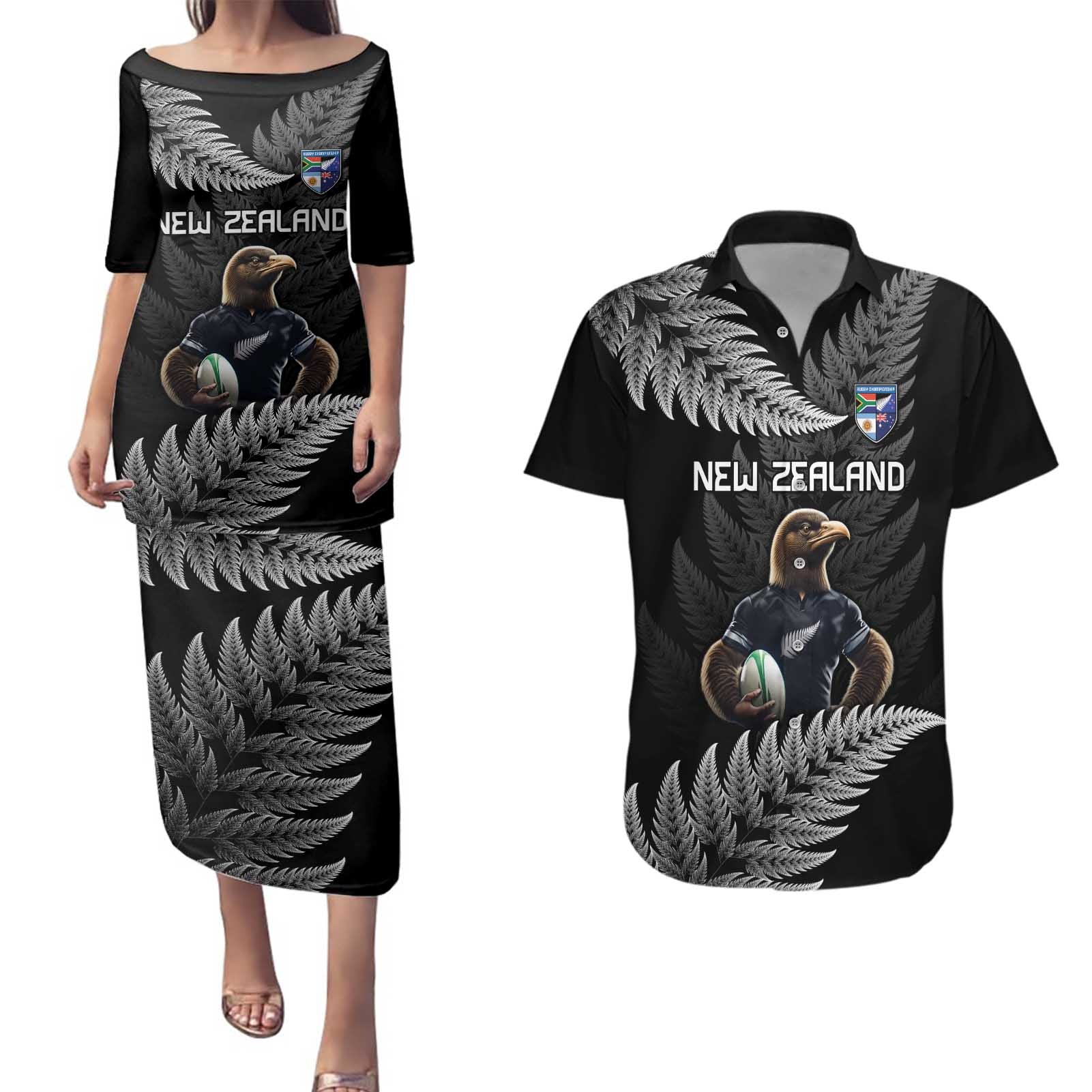 New Zealand Rugby Custom Couples Matching Puletasi and Hawaiian Shirt Glory Be To Black Silver-fern - Aussie Hoodie