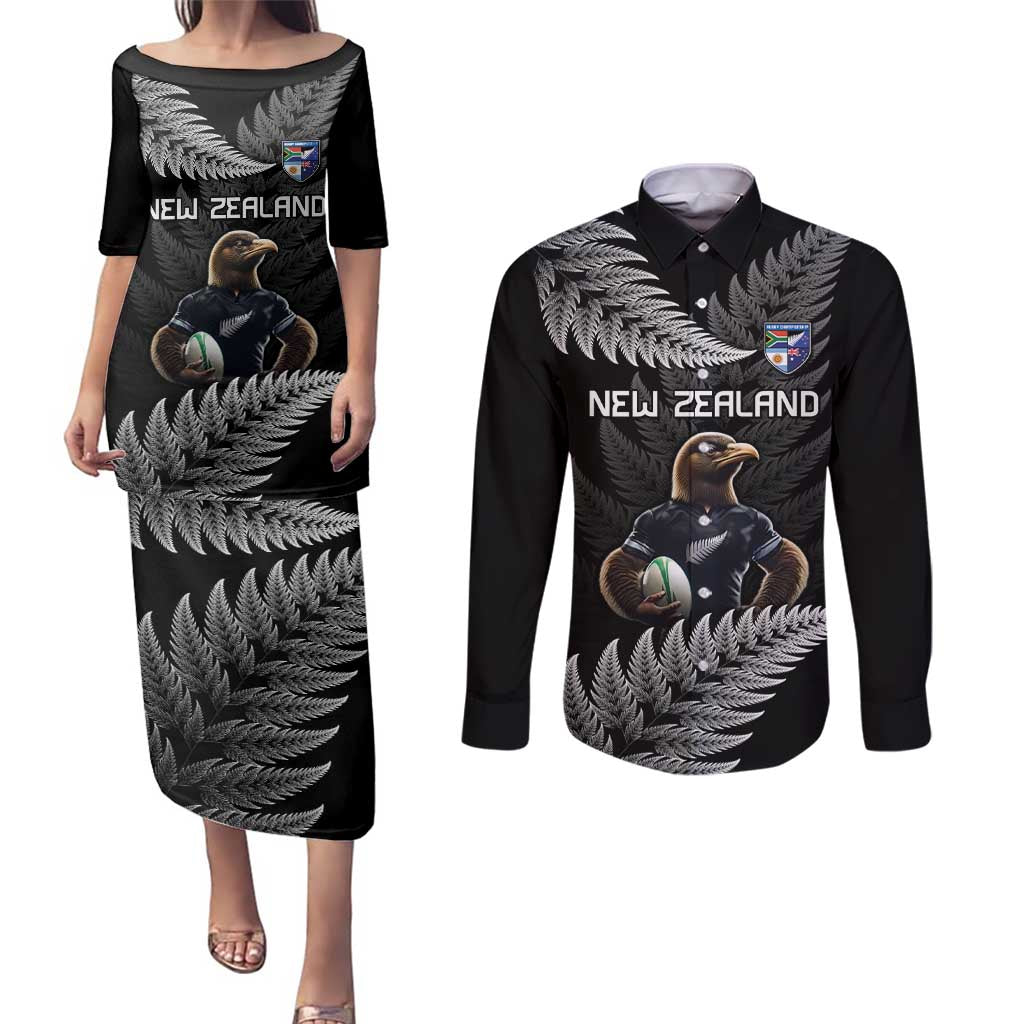 New Zealand Rugby Custom Couples Matching Puletasi and Long Sleeve Button Shirt Glory Be To Black Silver-fern - Aussie Hoodie