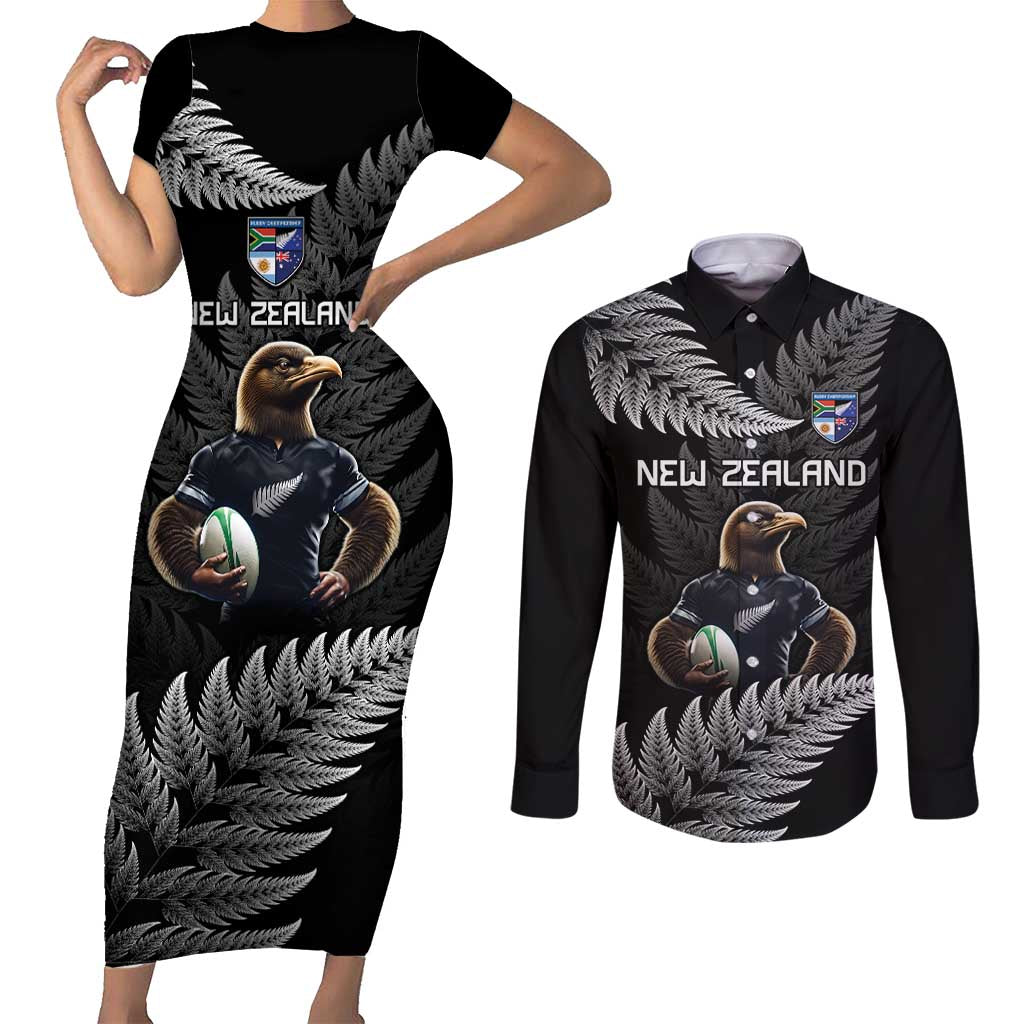 New Zealand Rugby Custom Couples Matching Short Sleeve Bodycon Dress and Long Sleeve Button Shirt Glory Be To Black Silver-fern - Aussie Hoodie