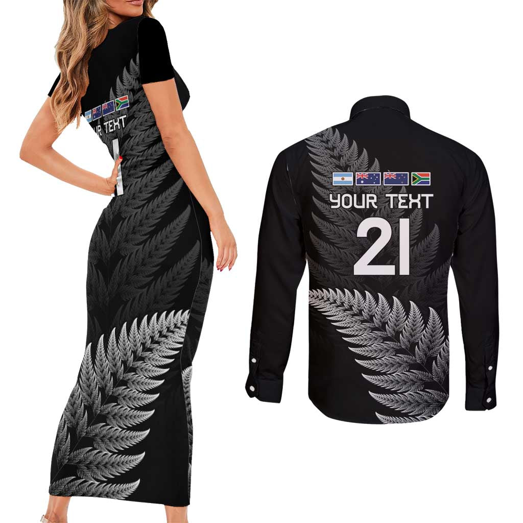 New Zealand Rugby Custom Couples Matching Short Sleeve Bodycon Dress and Long Sleeve Button Shirt Glory Be To Black Silver-fern - Aussie Hoodie