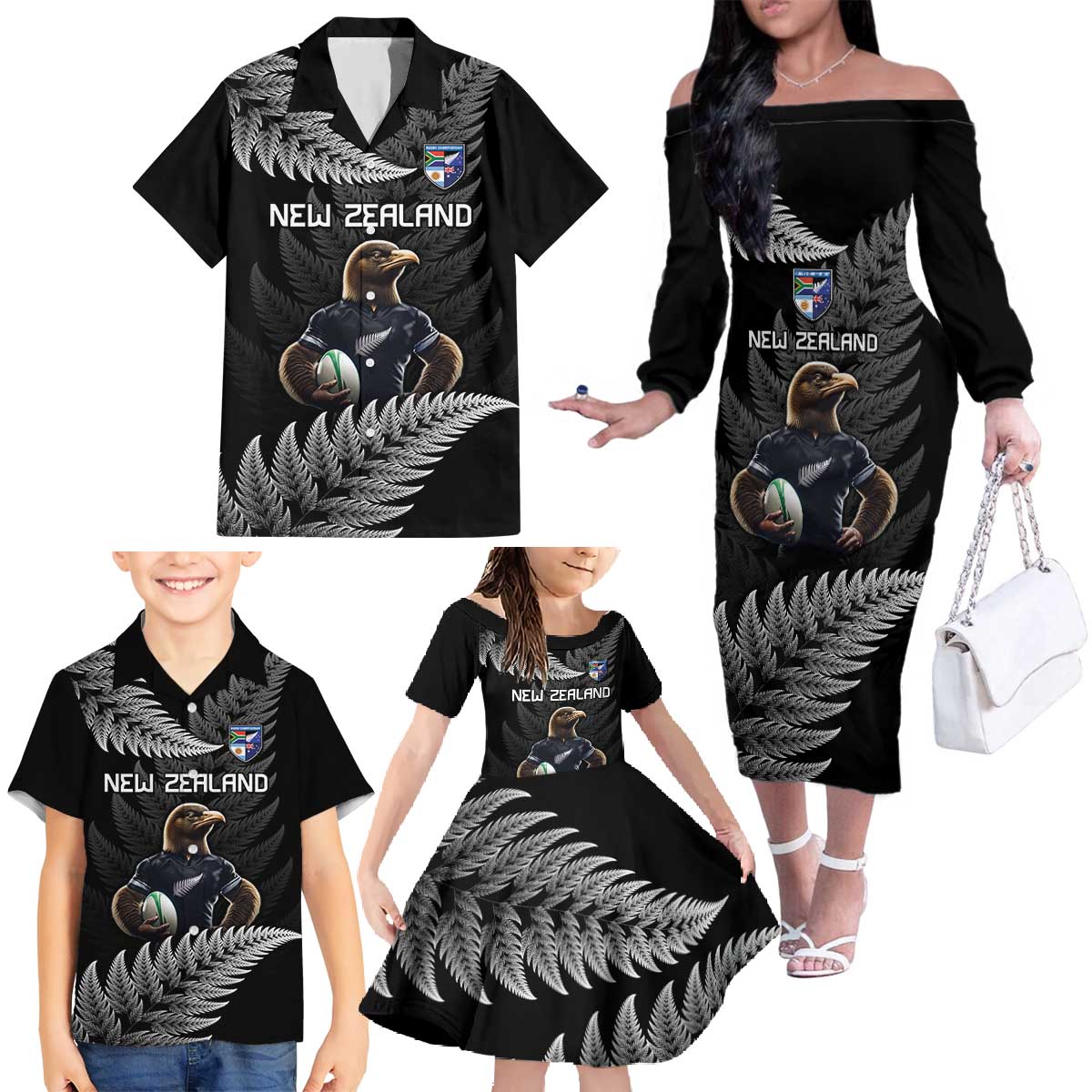 New Zealand Rugby Custom Family Matching Off The Shoulder Long Sleeve Dress and Hawaiian Shirt Glory Be To Black Silver-fern - Aussie Hoodie