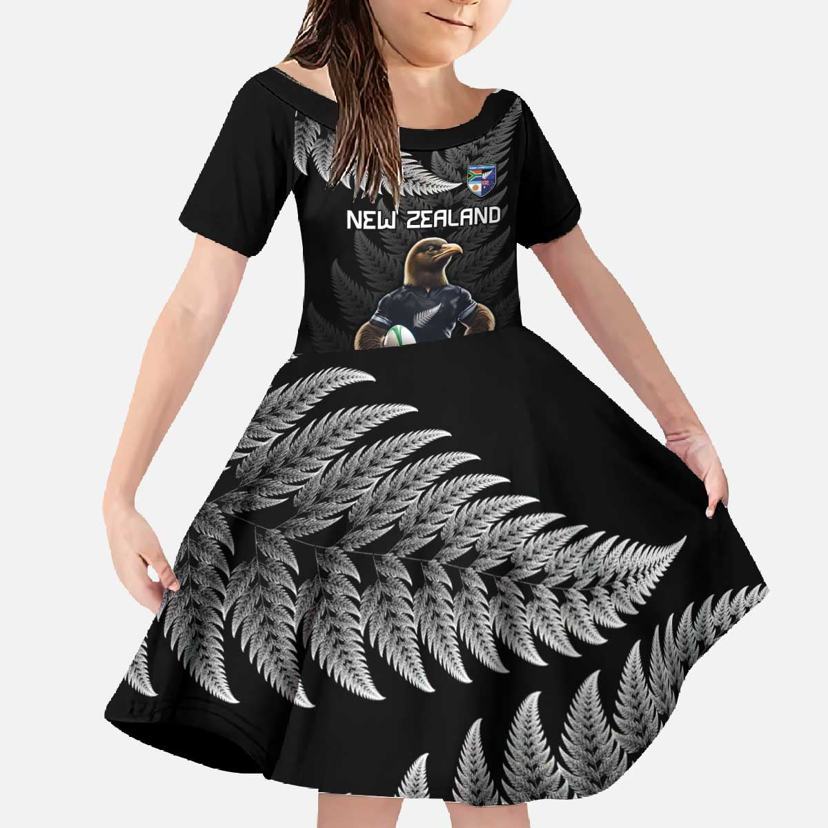 New Zealand Rugby Custom Family Matching Off The Shoulder Long Sleeve Dress and Hawaiian Shirt Glory Be To Black Silver-fern - Aussie Hoodie