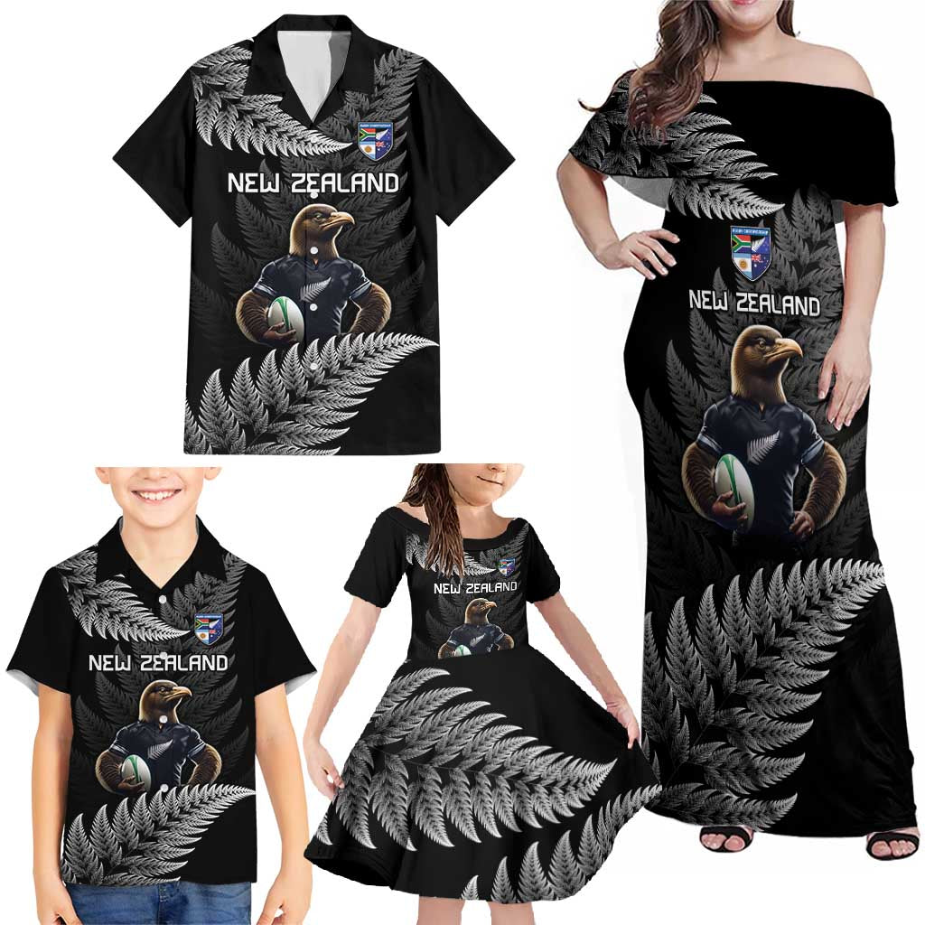 New Zealand Rugby Custom Family Matching Off Shoulder Maxi Dress and Hawaiian Shirt Glory Be To Black Silver-fern - Aussie Hoodie