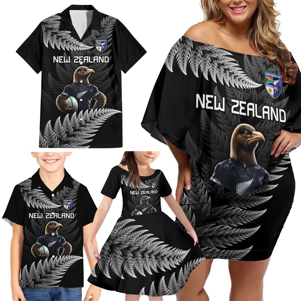 New Zealand Rugby Custom Family Matching Off Shoulder Short Dress and Hawaiian Shirt Glory Be To Black Silver-fern - Aussie Hoodie