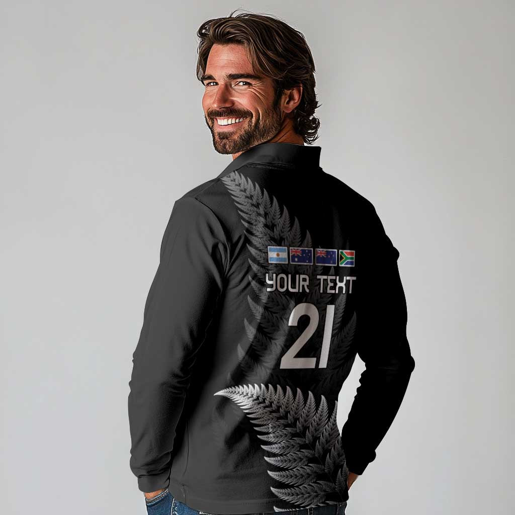 New Zealand Rugby Custom Long Sleeve Polo Shirt Glory Be To Black Silver-fern - Aussie Hoodie