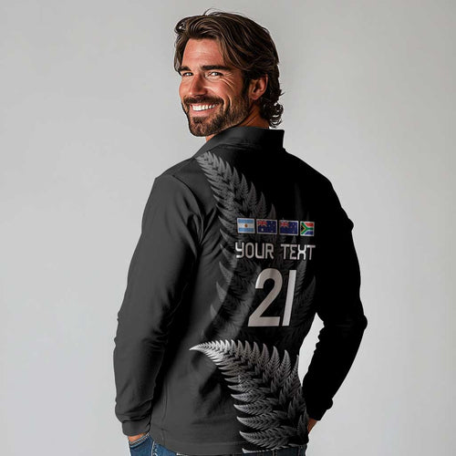 New Zealand Rugby Custom Long Sleeve Polo Shirt Glory Be To Black Silver-fern - Aussie Hoodie