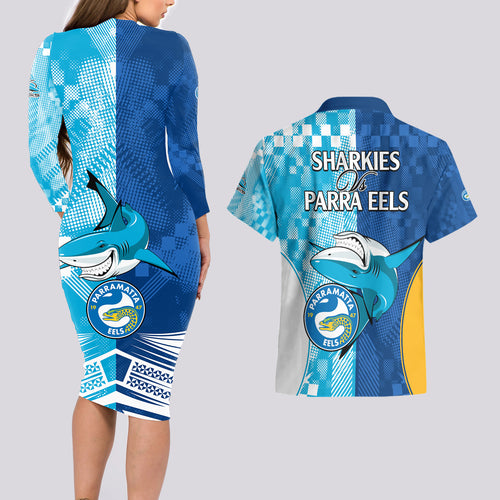 NRL Shark Combine Eels Rugby Couples Matching Long Sleeve Bodycon Dress and Hawaiian Shirt Sporty Style LT9