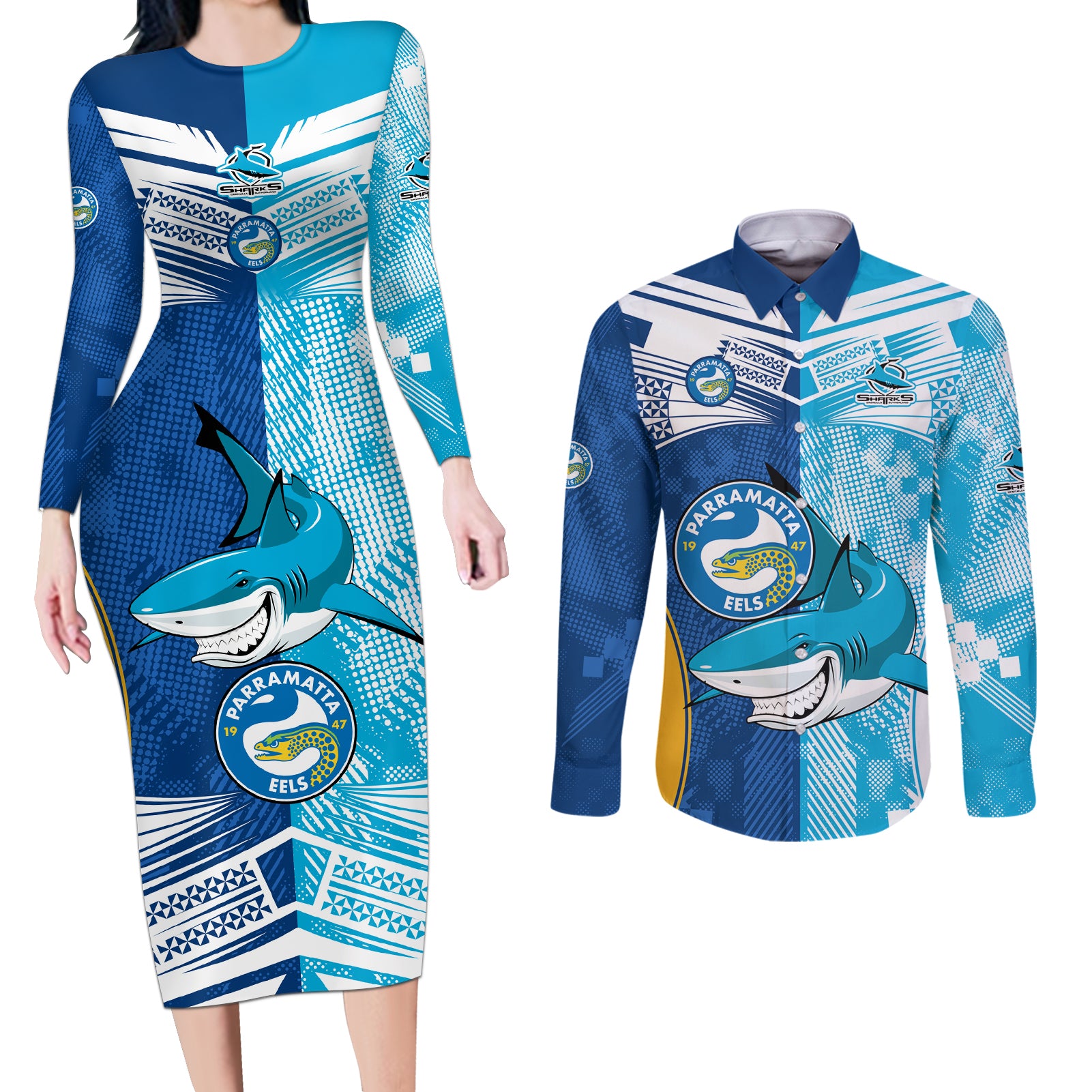 NRL Shark Combine Eels Rugby Couples Matching Long Sleeve Bodycon Dress and Long Sleeve Button Shirts Sporty Style LT9