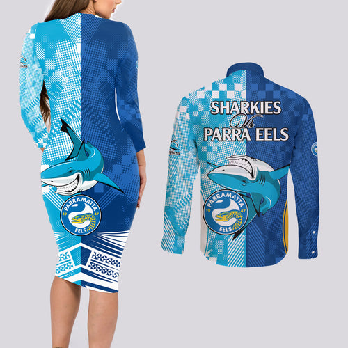 NRL Shark Combine Eels Rugby Couples Matching Long Sleeve Bodycon Dress and Long Sleeve Button Shirts Sporty Style LT9