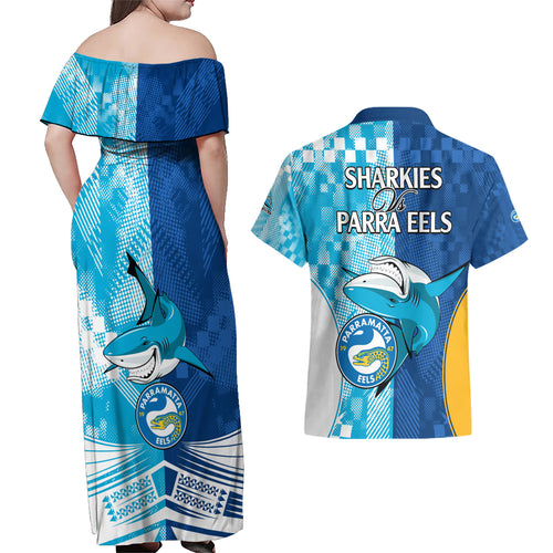 NRL Shark Combine Eels Rugby Couples Matching Off Shoulder Maxi Dress and Hawaiian Shirt Sporty Style LT9