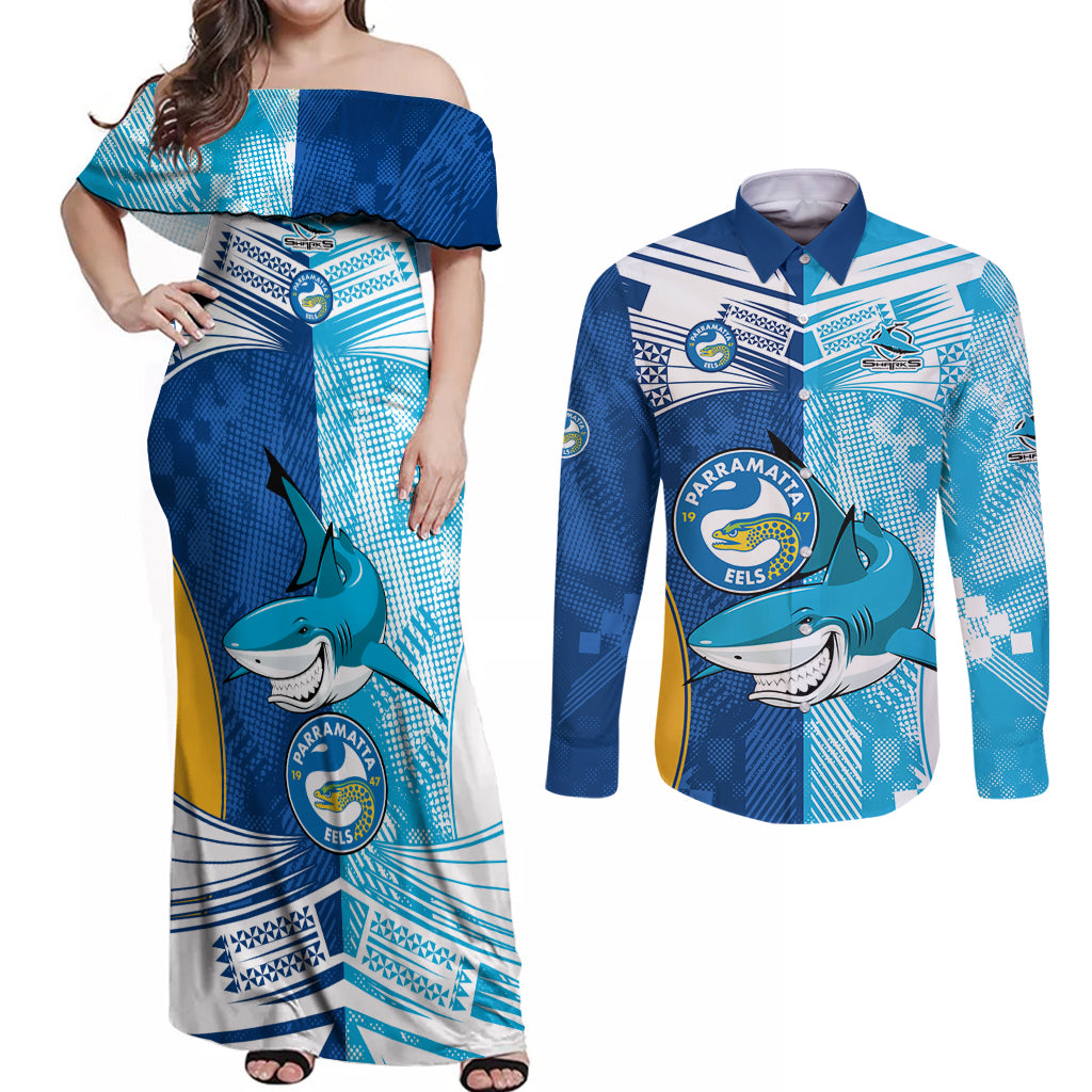 NRL Shark Combine Eels Rugby Couples Matching Off Shoulder Maxi Dress and Long Sleeve Button Shirts Sporty Style LT9