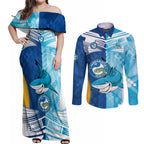 NRL Shark Combine Eels Rugby Couples Matching Off Shoulder Maxi Dress and Long Sleeve Button Shirts Sporty Style LT9